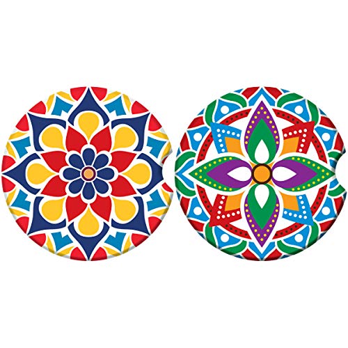 Absorbent Stone Car Coasters for Drinks, Beautiful Mandala Style Absorb Condensation for protect the Car cup holder and keep your car clean,Small 2.6" Diameter,Set of 2