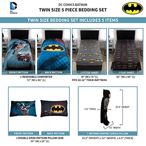 DC Comics Batman Soft Microfiber Comforter, Sheets and Plush Cuddle Pillow Bedding Set Twin Size 5 Piece Bundle Pack
