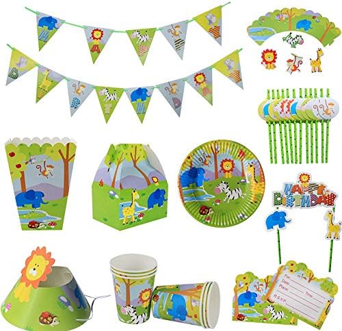 LXQ Jungle Animals Birthday Party Set, Jungle Animal Disposable Birthday Cutlery Set, Including Paper Plates, Cups, Tablecloths, Cutlery, Straws, Hats, Etc. (170 Pieces)