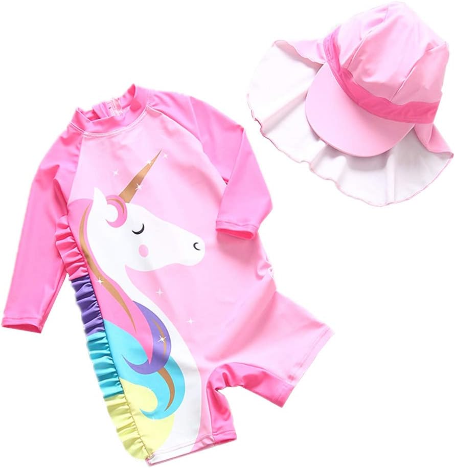 Baby Girls Swimsuit One Piece Long Sleeve Swimwear Little Kid Cute Unicorn Zip Rashguard Sun Protection 2-7t