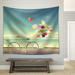 Bicycle Vintage with Heart Balloon on Beach Blue Sky Concept of Love in Summer and Wedding - Fabric Wall Tapestry Home Decor - 51x60 inches