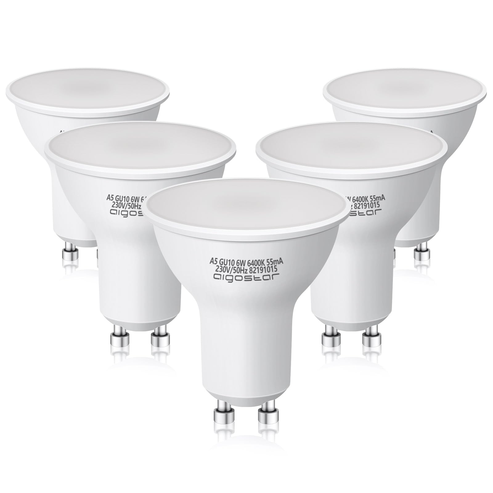 Aigostar 6W GU10 Bulbs, LED GU10 Bulbs Cool White Daylight 6500K 480LM, 100°Beam Angle Spotlight 5 Pack