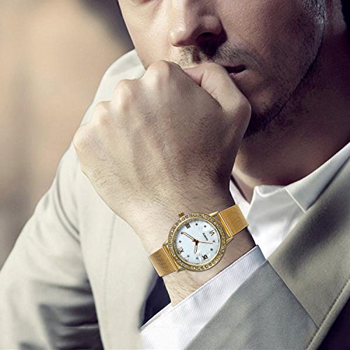 JewelryWe Reloj de Hombre Caballero Clasico Reloj de Acero Inoxidable Correa Milanesa Fina, Oro Dorado Reloj para Hombre… - Imagen 6