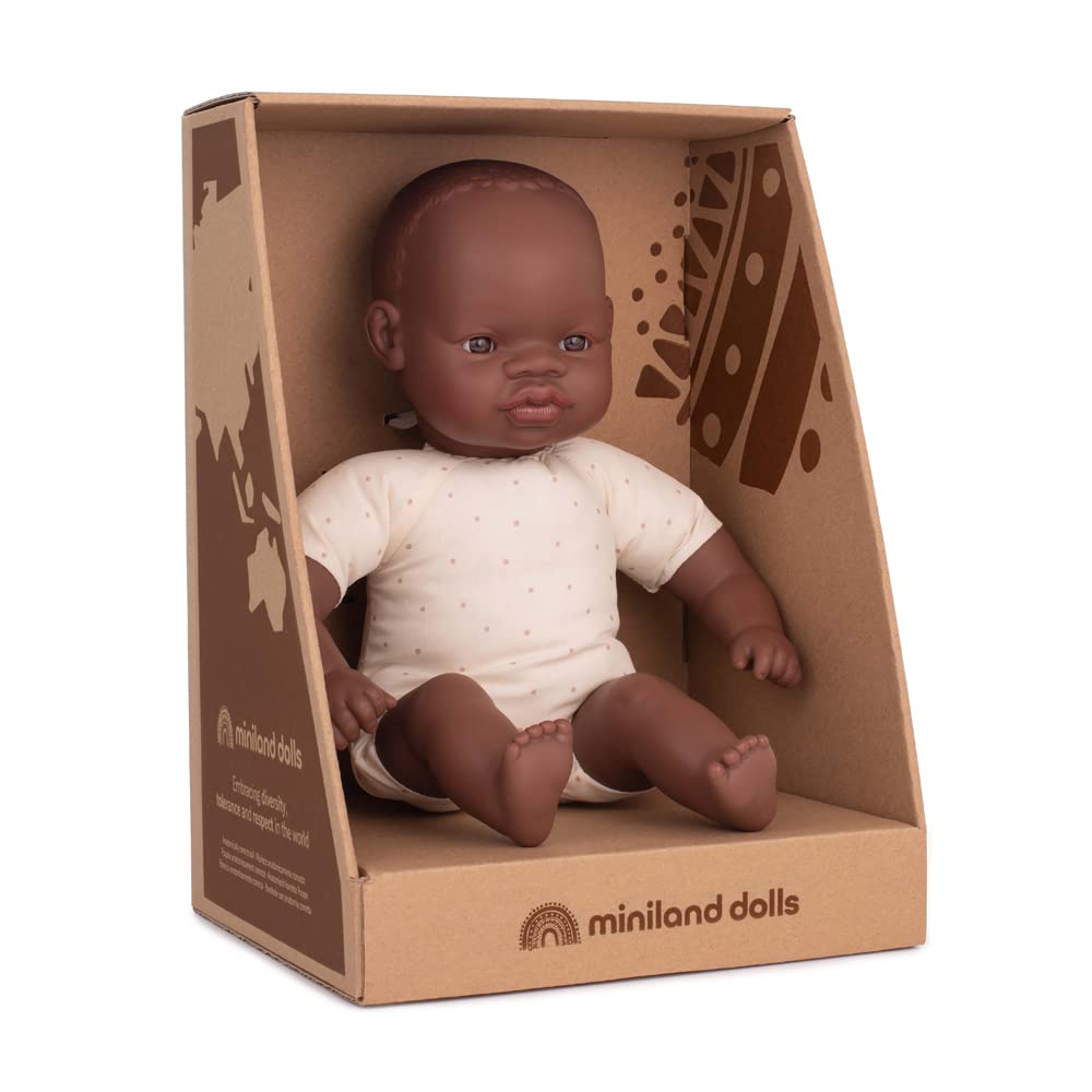 Miniland African soft body doll 32cm in retail box with underwear, 31364, Natural