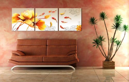 LOTUS FLOWERS AND KOI FISH/FengShui Inspired ready to hang 3 piece picture wall art print mounted on fiberboard/better than stretched canvas arts/size 20x20x1"x3Panels