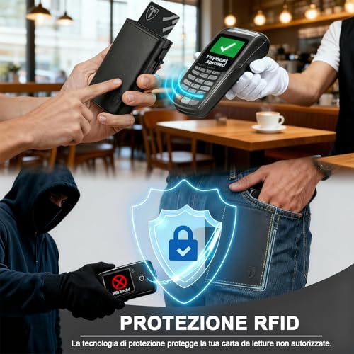 Portafoglio Uomo Slim, Portacarte in Pelle con Protezione RFID, Porta Carte di Credito Uomo Piccolo, Porta Tessere con Portamonete e Scomparti Banconote