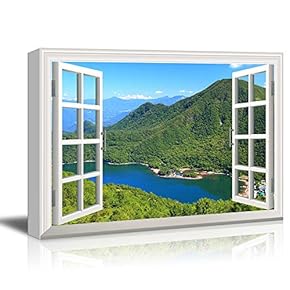 Canvas Wall Art - Window Peering into a Mountain Range with a Peaceful River Below - Giclee Print Gallery Wrap Modern Home Art Ready to Hang - 12x18 inches