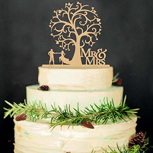 Adeeing Bride and Groom Proposal Wedding Party Decorating Wooden Cake Topper Mr and Mrs with Blossom Tree for Engagement Aniversary