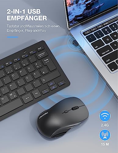TECKNET Wireless Keyboard Mouse Set, German QWERTZ Layout, 2.4 GHz Wireless Mini Keyboard Mouse, 15 m Range Connection, Wireless Quiet Wireless Keyboard with Mouse for PC, Laptop, Smart TV, Black