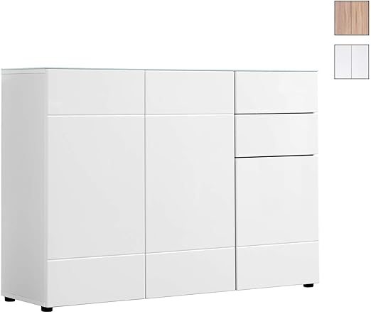 Mokebo Kommode Die Elegante Sideboard Highboard Made In Germany Klimaneutraler Versand Mdf In Hochglanz Weiss 20 Mit Glasplatte Amazon De Kuche Haushalt