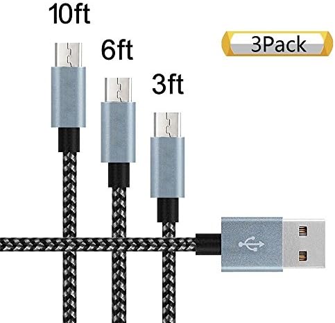 ToughLine Android Cable: 3Packs: 3+6+10FT Nylon Braided Micro USB Android Fast Charging Cord for for Samsung, Nexus, LG, Motorola, Android Smartphones and Tablets,XBOX,PS4,GPS (Black+Gray)