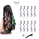 FESHFEN 10 Pcs Purple Curly Wave Clip on in Hair Extensions Hairpieces 18 Inches Long Remy Hair Colored Party Highlights Hair Accessories DIY Hair Decoration Cosplay with Gift Hairpin