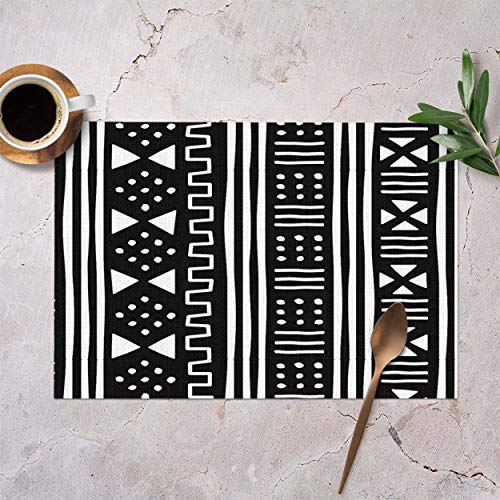 Mugod Placemats Afrocentric White Black African Mudcloth Mudprint Decorative Heat Resistant Non-Slip Washable Place Mats for Kitchen Table Mats Set of 4 12"x18"