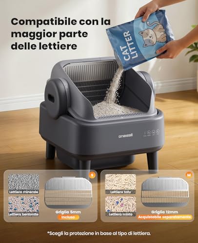 oneisall Self-cleaning Cat Litter Tray with EaseClean™ System, XXL Self-Cleaning Cat Litter for Large Cats, Stainless Steel Gate, Automatic and Manual Mode, Includes Mat and 40 Bags