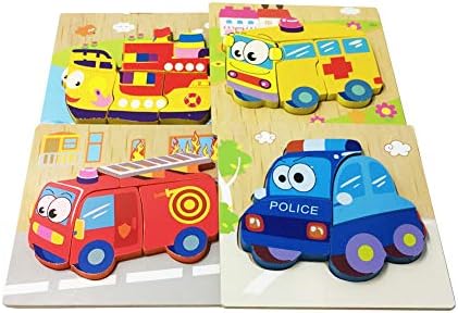 letsgood Colorful Wooden Jigsaw Puzzles Toy for Baby & Toddlers, Early Educational Jigsaw Puzzles Gift Toys for 1 2 3 Kids Boys Girls, Cute Drawstring Gift Bags (Pack of 4 Vehicles)