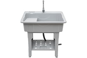 OIVEINYA Plastic Laundry Room Sink,Freestanding Laundry Utility Sink Tubs with Hot Cold Faucet and Washboard,Large Utility Sink Laundry Tub for Laundry Bathrooms Courtyards Gardens (31.5x22.05x31.5 Inch-Gray)