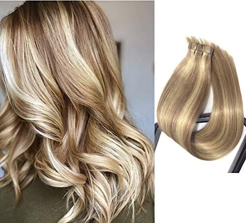 Mario Hair 24" Tape in Hair with Highlights Extensions Golden Brown with Blonde Mixed Silky Straight Seamless Skin Weft Remy Real Hair Tape ins