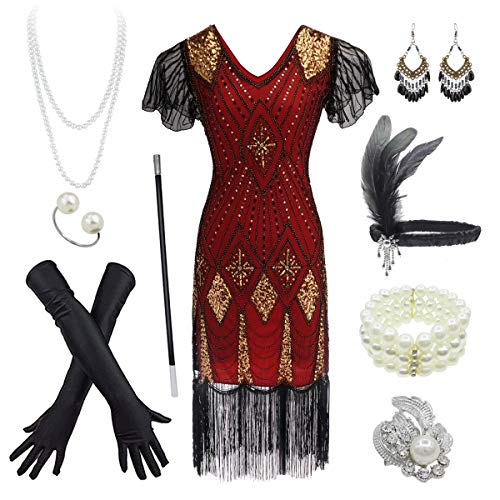 Women's 1920s Gatsby Inspired Sequin Beads Long Fringe Flapper Dress w/Accessories Set (2X-Large, Gold&Red)