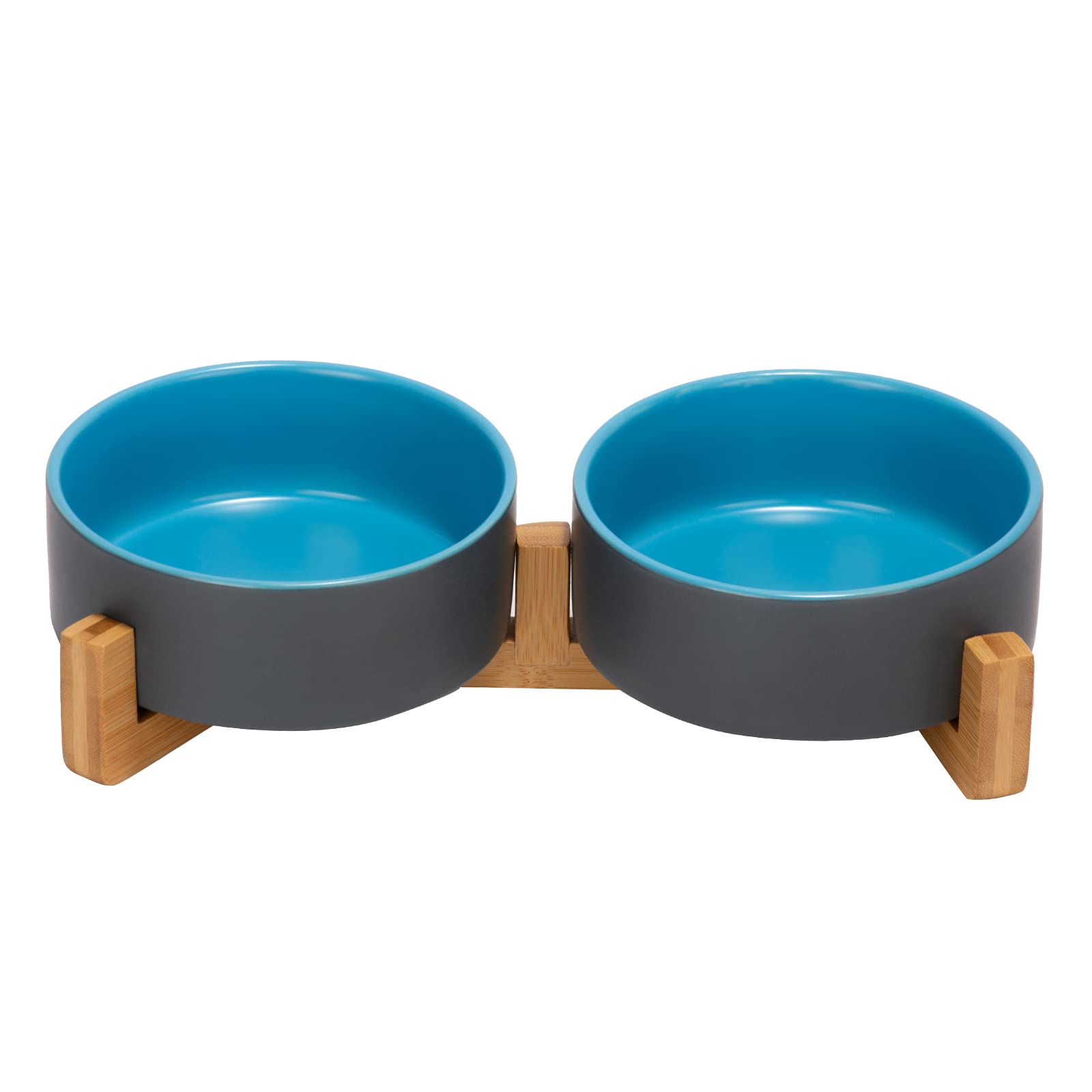 SPUNKYJUNKY Ceramic Dog Bowl Large Dog Cat Bowl Elevated with Bamboo Stand Feeding Bowl for Dog Cats (400ml, blue grey)