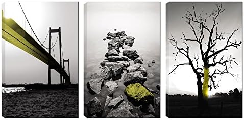 3 Panels Framed Black and White Yellow Tree in Sunset Canvas Wall Art, Yellow Bridge and Yellow Stone Seaside Painting, Ready to Hang for Living Room Bedroom Office (yellow, 16inchX24inchX3pcs)