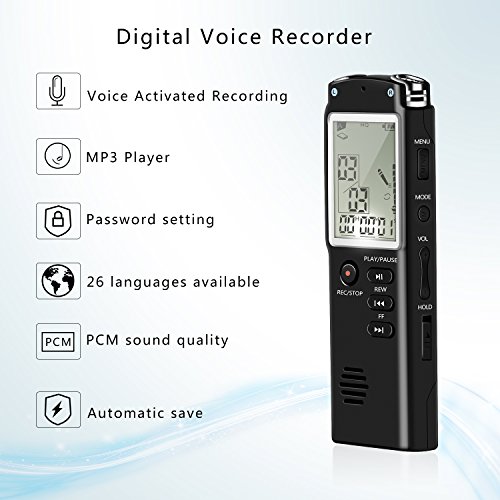 Voice Recorder - Dual Microphone 8gb Digital Voice Activated Recorder with MP3 Player, Rechargeable HD Audio Recorder, A-B Repeat and 1 Touch Recording Best for Lectures/Meeting/Interview (1536kbp