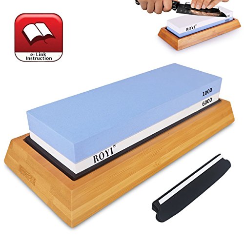 Premium Knife Sharpening Stone Kit, 2 Side 1000/6000 Grit Whetstone, Best Kitchen Blade Sharpener Stone, Non-Slip Bamboo Base and Bonus Angle Guide Included