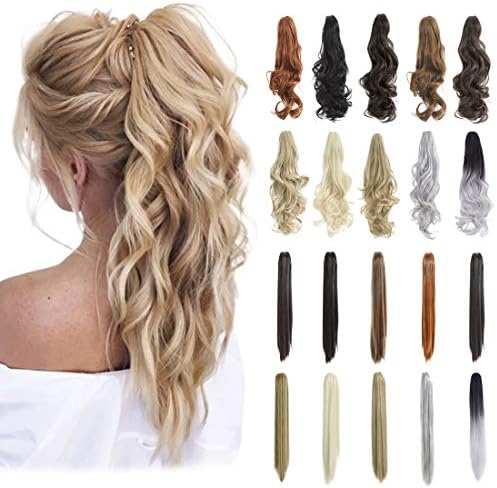 Qunlinta Ponytail Extension Hair Extensions Ponytail 18" 20" Claw Curly Wavy Ponytail Extension Straight Clip in Ponytail Extension Synthetic Hairpiece Light Chestnut Brown