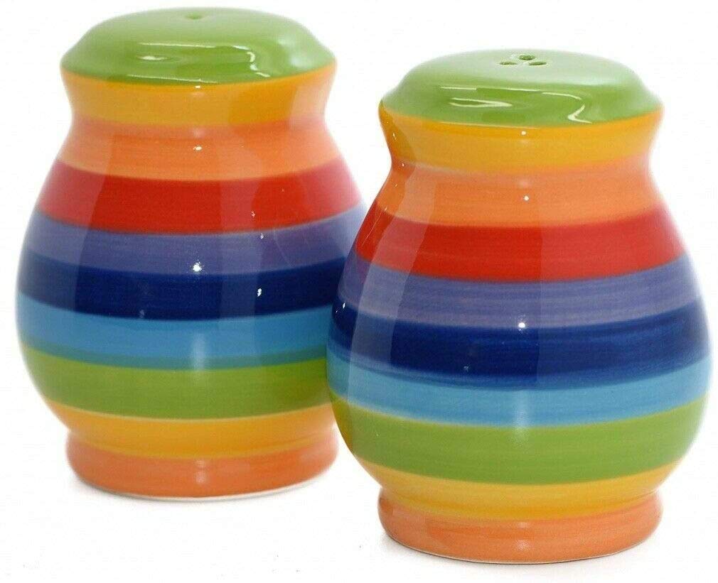 Windhorse Hand Painted Rainbow Striped Ceramic Salt and Pepper Cruet Shaker Set