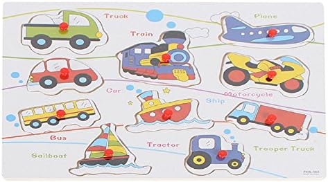 Wooden Vehicles Peg Puzzle for Babies and Toddlers (10 Pieces) - Car, Train, Plane, Tractor, Boat, Bus, Truck, Motorcycle - Early Education and Learning Toy