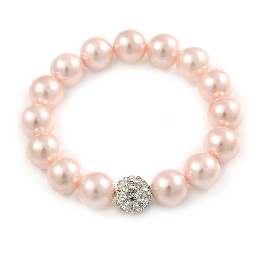 Avalaya 12mm Pale Pink Polished Glass Bead with Clear Crystal Ball Flex Bracelet - 17cm L