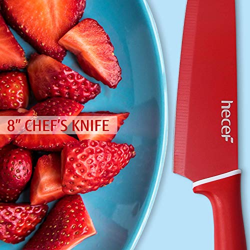 Hecef Colorful Knife Set with Covers,Non-stick Stainless Steel Blade with PP Handle, Includes 8\'\' Chef, 8\'\' Slicing, 8\'\' Bread, 8\'\' Fork, 5\'\' Utility and 3.5\'\' Paring Knife (multi-color)