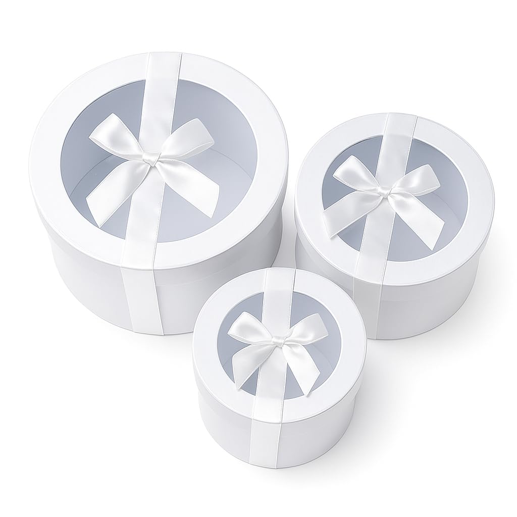 Home Garden Ornaments Gift Boxes for Presents with Transparent Lid and Ribbon Bow – 3pc Decorative Cardboard Gift Boxes for Flowers and Sweets – White