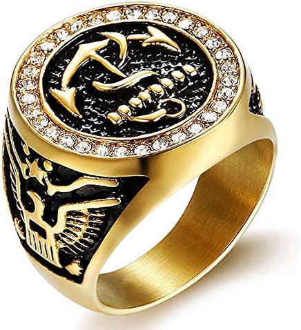 AmyJewelry Vintage 18K Gold Stainless Steel US Navy Military Ring Cubic Zirconia Eagle Anchor Rings,Size 7-15