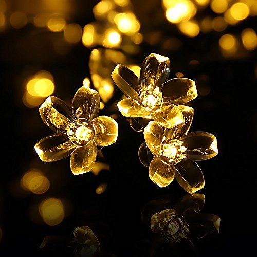 JIAEN 23ft 50LED Outdoor Solar Fairy String Lights,Waterproof Peach Flower Lights,Many Colors Blossom Lighting for Home Decoration like Garden,Patio,Wedding,Party,Christmas,Fence,Holiday (Warm White)