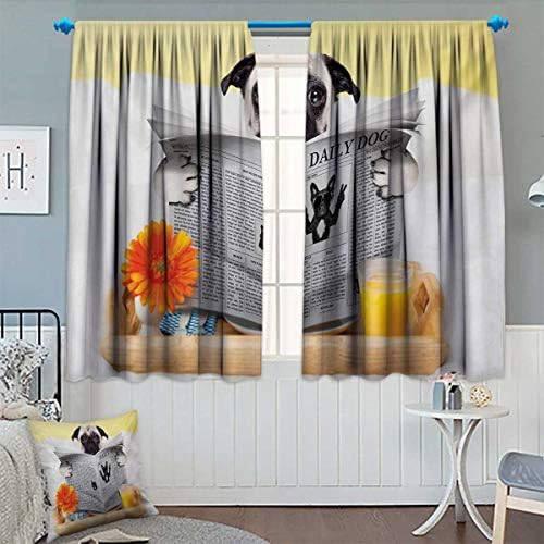 Chaneyhouse Pug Thermal Insulating Blackout Curtain Pug Reading Daily Dog Breakfast in Bed Sunday Family Fun Comedic Image Patterned Drape for Glass Door 63" W x 45" L Pale Brown Yellow Orange