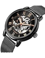 AFFUTE Mechanische Uhren Herren Klassische Skeleton Mesh Edelstahlarmband Hand-Wind-Armbanduhr