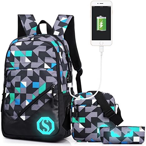 Myymee Fashion Unisex Backpack Mens Student Casual Oxford Laptop Bag Women Daypack with USB Data Cable/Pen Bag/Crossbody Bag,Fits 14 Inches Computer Blue Lattice