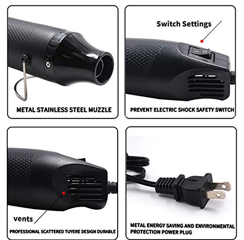 mofa emboss Heat Gun, Hot Air Gun Tools Shrink Gun with Stand For DIY Embossing And Drying Paint Multi-Purpose Electric Heating Nozzle 300W 110V (Black,Black)