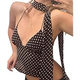 Women Y2K Polka Dot Cami Top V Neck Sexy Backless Sleeveless Spaghetti Strap Crop Tops with Scarf Streetwear