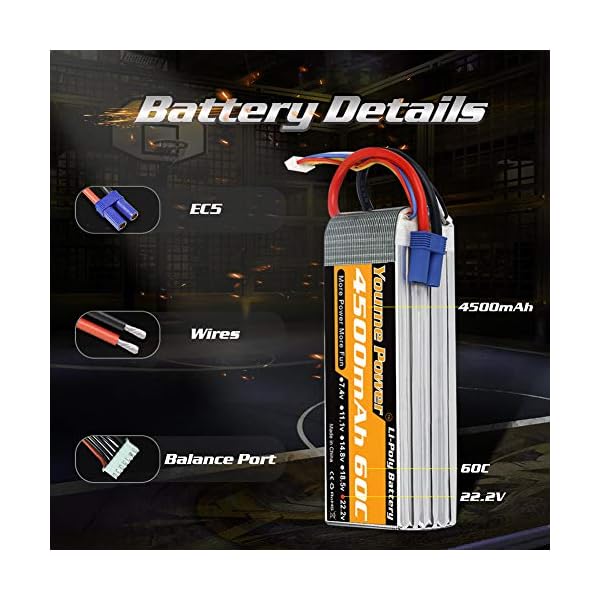 Youme 6S Lipo Batterie, 22,2 V 4500 mAh Lipo Batterie 60C mit EC5 und XT90 Stecker für X-Klasse Drohnenrennen 70MM 8MM… – Bild 4