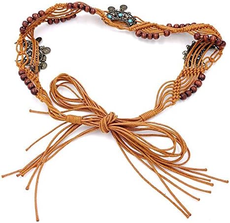 Womens Boho Wide Multi Strand Wooden Bead Waist Statement Belt Brown Size Small Simplee Bohemian Braided Waist Belt with Wooden Beads  main image 4
