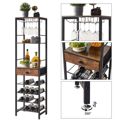 IBUYKE TMJ905H Wine Bottle Rack with Glass Door and Drawer, Brown | Countertop Bottle Storage with Shelf for Kitchen Bar Dining Room 16 Bottles