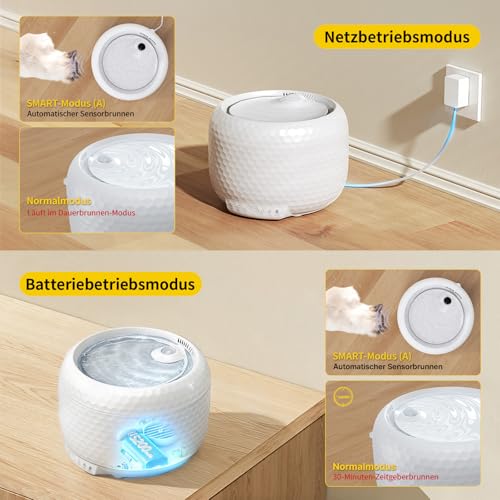 Wireless Water Fountain for Cats and Small Dogs, 1.8L Capacity, 5200mAh Rechargeable Battery, Ultra-Quiet Pump, 2 Flow Modes, Automatic Pet Water Dispenser