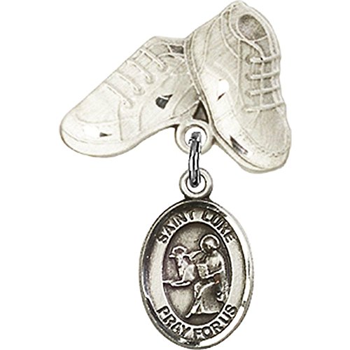 Sterling Silver Baby Badge with St. Luke the Apostle Charm and Baby Boots Pin 1 X 5/8 inches