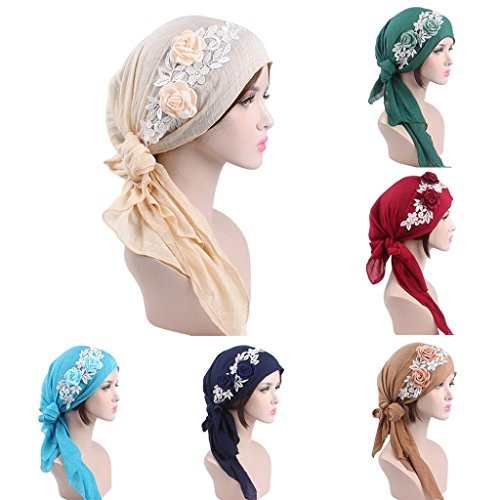 Sunfei Women India Muslim Stretch Retro Floral Cotton Turban Hat Head Scarf Wrap Cap (Beige) - Thumbnail 7
