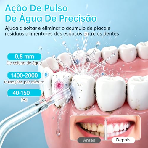 Irrigador Oral Portátil Sem Fio 300ml com 5 Bico Higiene Limpeza | Recarregável Type-C, Pressão Ajustável, Impermeável IPX7, Carregamento Rápido, Longa Duração Bateria, Uso Doméstico Viaje