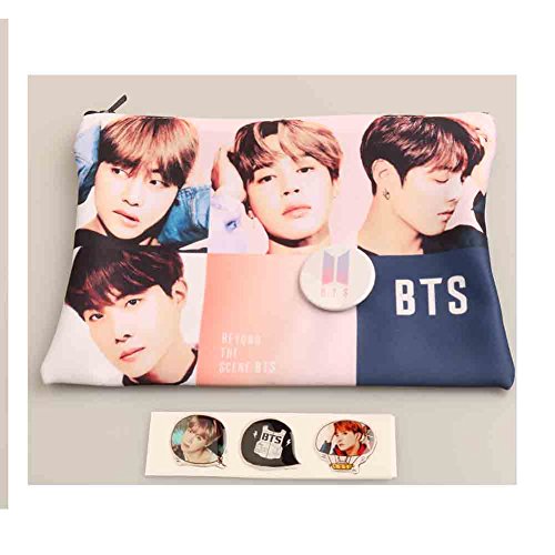 BTS Kpop Group Photo Pouch Pencil Case with Button Badge