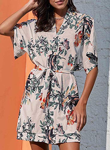 Elapsy Womens Summer Sexy V Neck Flower Pattern Kimono Boho Style Party Shift Dress Multicolor Large
