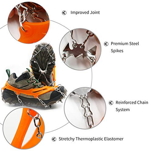 Samply Ice& Snow Traction Cleats, 19 Spike Mountaineering Climbing Crampons for Shoes, Boots, Medium, Orange