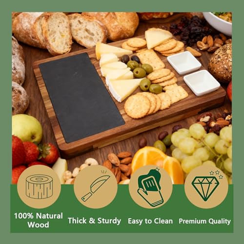 Louis Donné Premium Bamboo Cheese Board Knife Set - 5 Stainless Steel Knives 100% Natural Organic Bamboo Charcuterie Platter Multi Serving Tray for Cheese Meat for Christmas Weddings